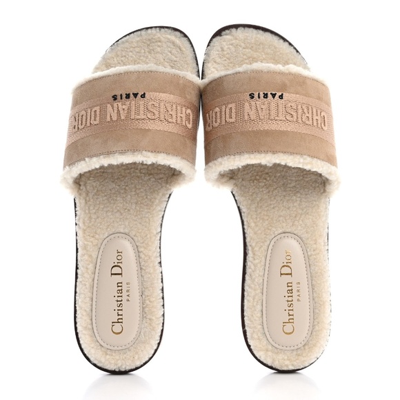 CHRISTIAN DIOR  Suede Goatskin Shearling Embroidered Dway Slide Sandals 41 Cooki - Picture 3 of 12